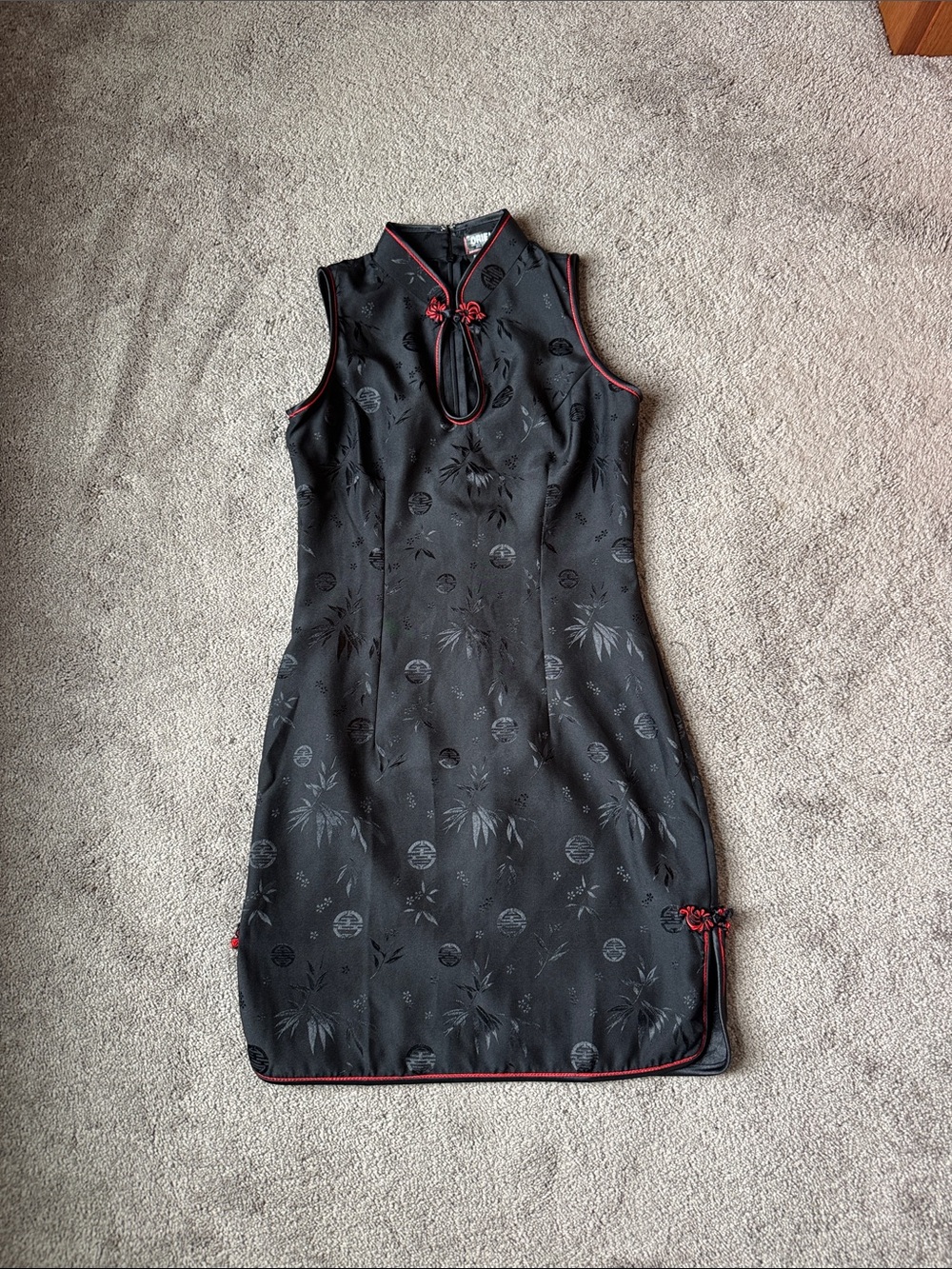 Oriental Silk Black Qipao Cheongsam Dress Size S Red Trim Mandarin Collar